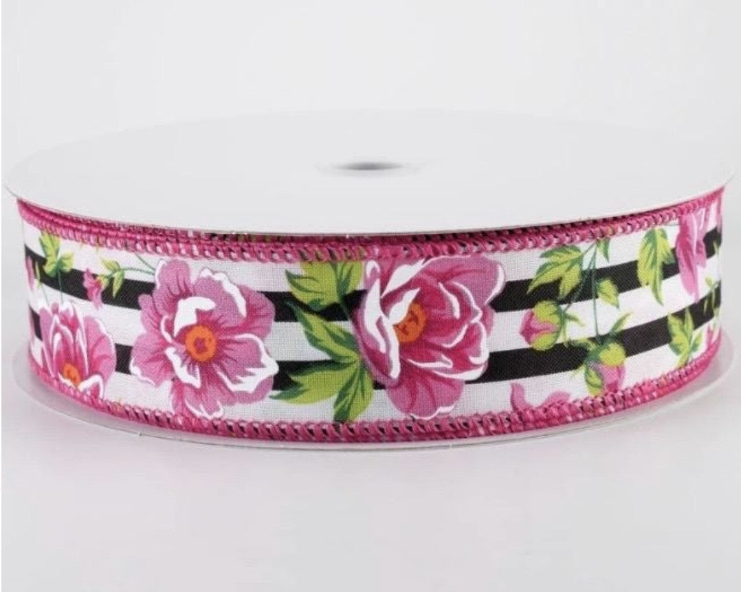 USA 1.5" wired ribbon floral black and pink, sold by the meter