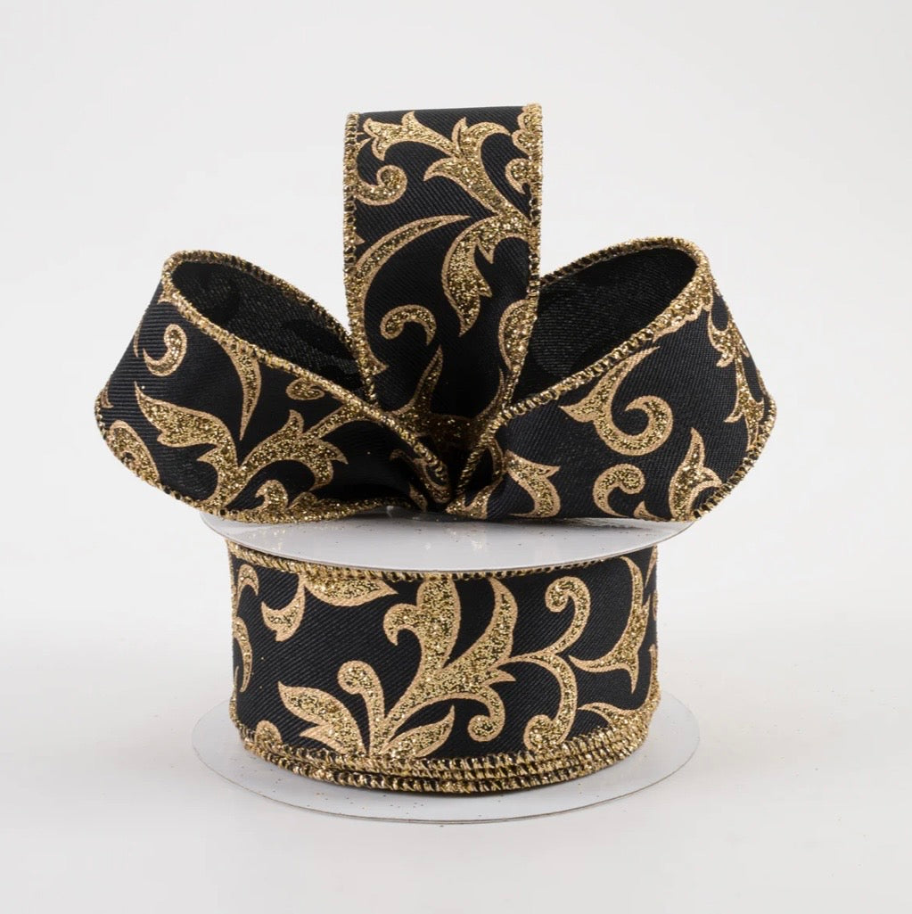 USA 1.5” wired ribbon acanthus leaf black gold full roll 10 yards