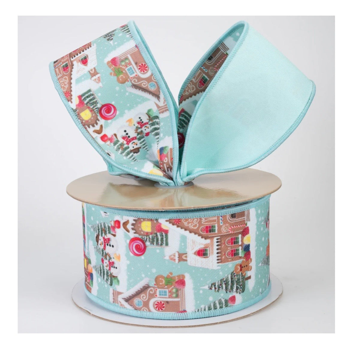 USA 2.5” D’Lux Christmas wired ribbon blue gingerbread full roll 10 yards
