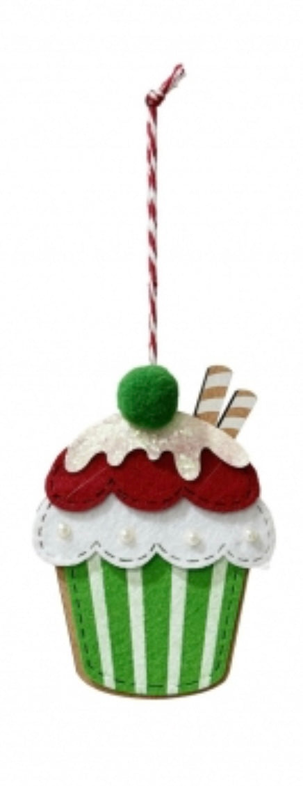 set of 2 Christmas Hanging Cupcake Deco 19cm wood and felt