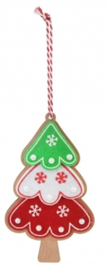 set of 2 Christmas Hanging Tree Deco 12cm in wood and felt