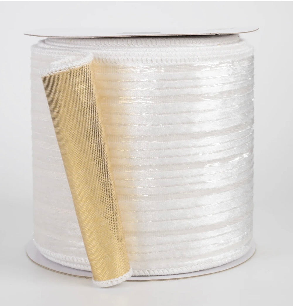 USA 4” D’Lux white/gold velvet designer wired ribbon full roll 10 yards