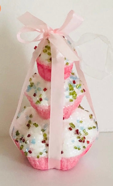Pink Cupcake Stack Ornament with Sprinkles & Ribbon – Faux Dessert Christmas Decoration