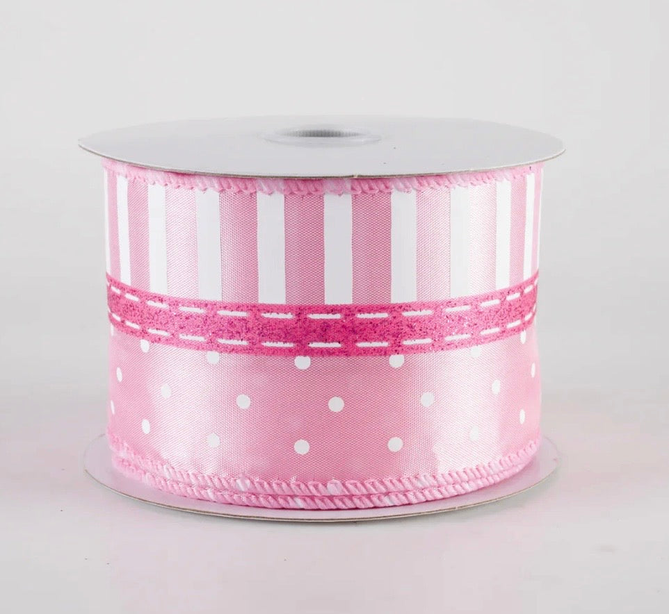 USA 2.5” satin dots and stripes pinks, wired ribbon, full roll 10 yards