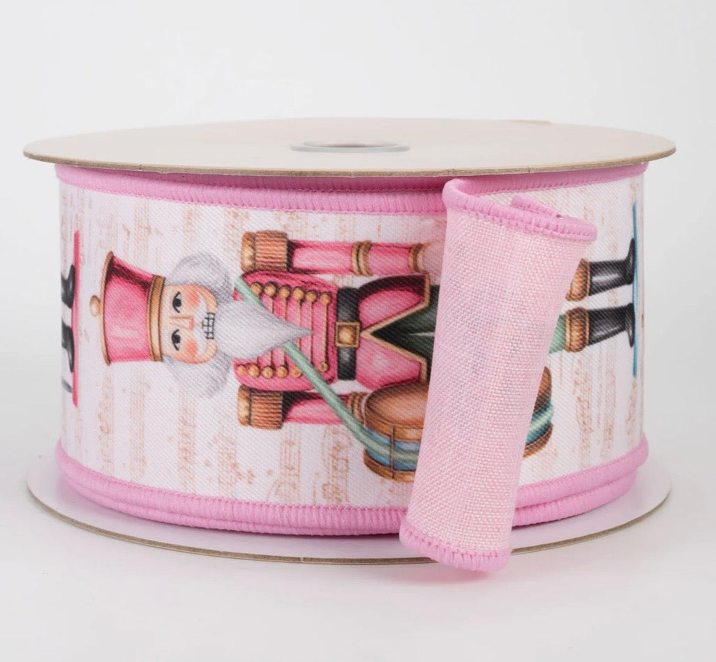 USA 2.5” Double sided fused pink nutcracker wired ribbon full roll 10 yards