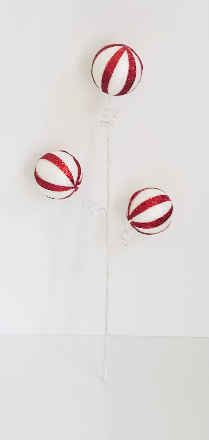 Red and White Christmas Peppermint Ball Spray Decoration – Holiday Ornament Pick