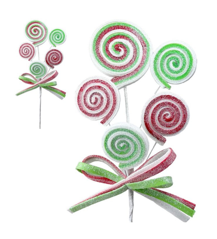 Red & Green Glitter Lollipop Christmas Spray Pick – Candy Swirl Holiday Decoration for Tree, Wreaths & Centerpieces