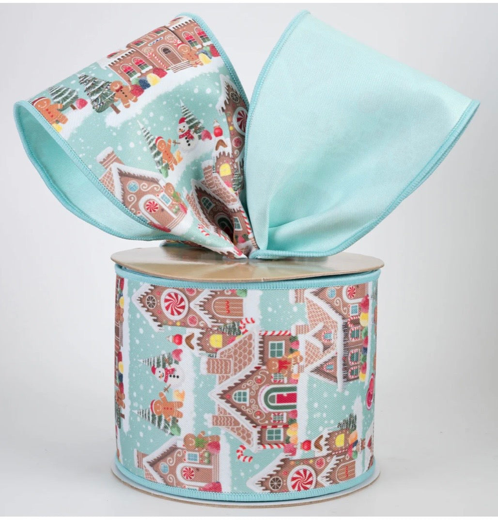 USA 4” D,Lux Christmas designer wired ribbon, blue gingerbread full roll 10 yards