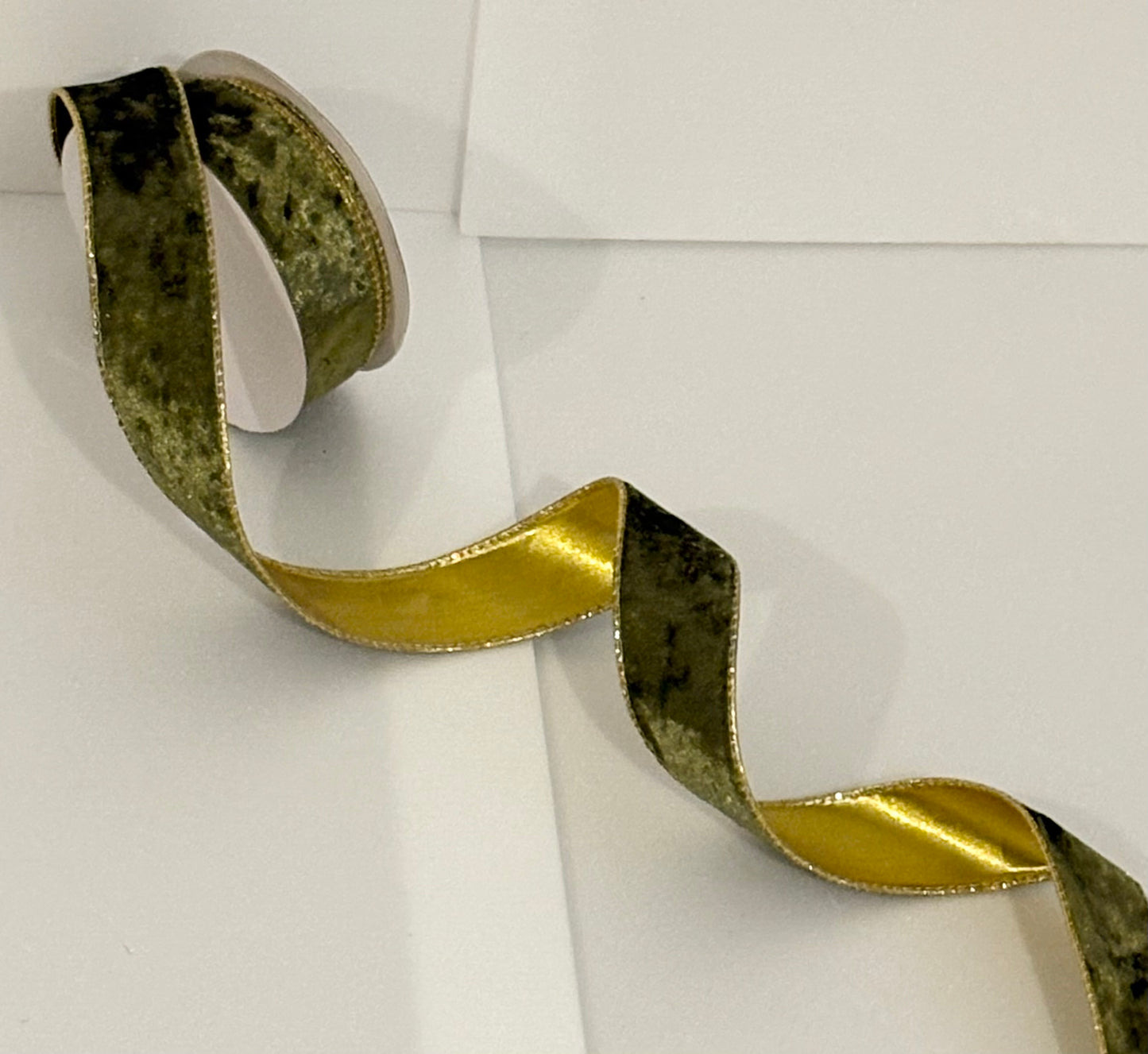 1.5” inch wired velvet moss green and gold ribbon