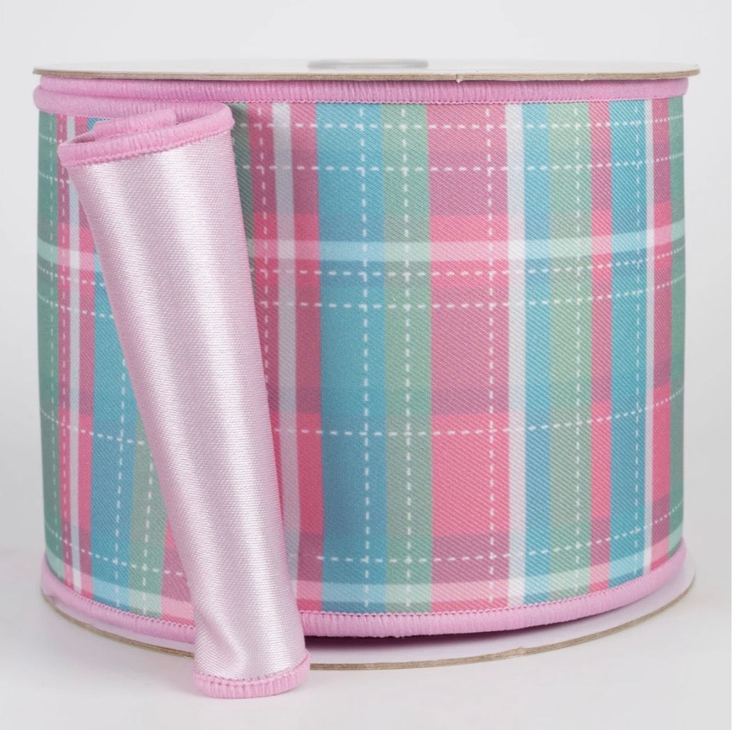 USA 4” D’Lux wired designer ribbon double sided pink mint plaid and pink satin, full roll 10yards