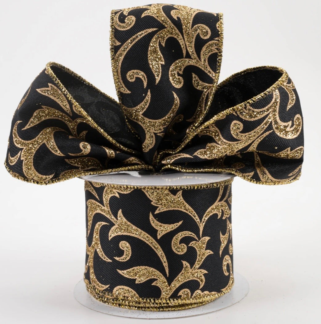 USA 2.5” wired ribbon acanthus leaf black gold full roll 10 yards
