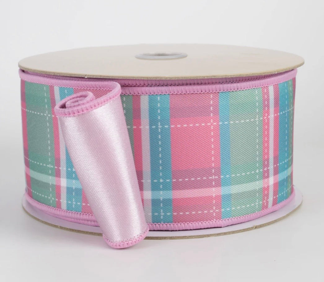 USA 2.5” D’Lux designer ribbon plaid pink mint and satin pink, full roll 10 yards