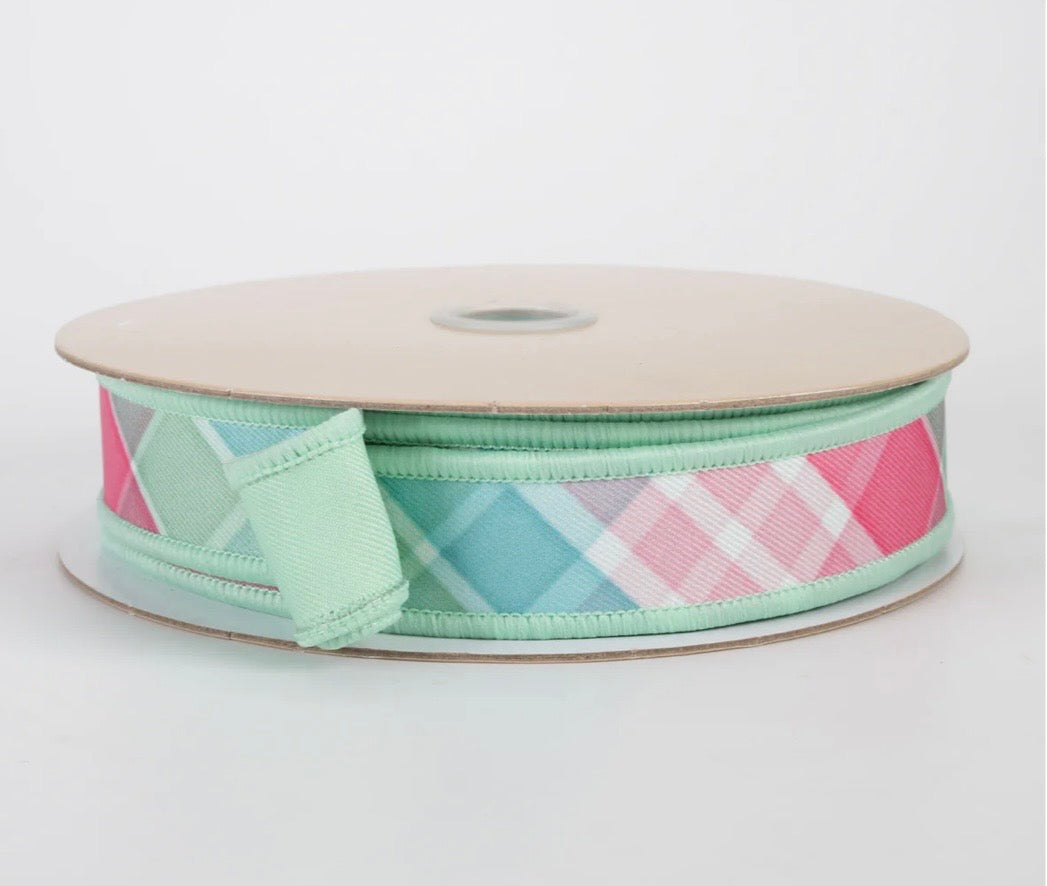 USA D’Lux designer wired ribbon diagonal plaid teal/pink/mint