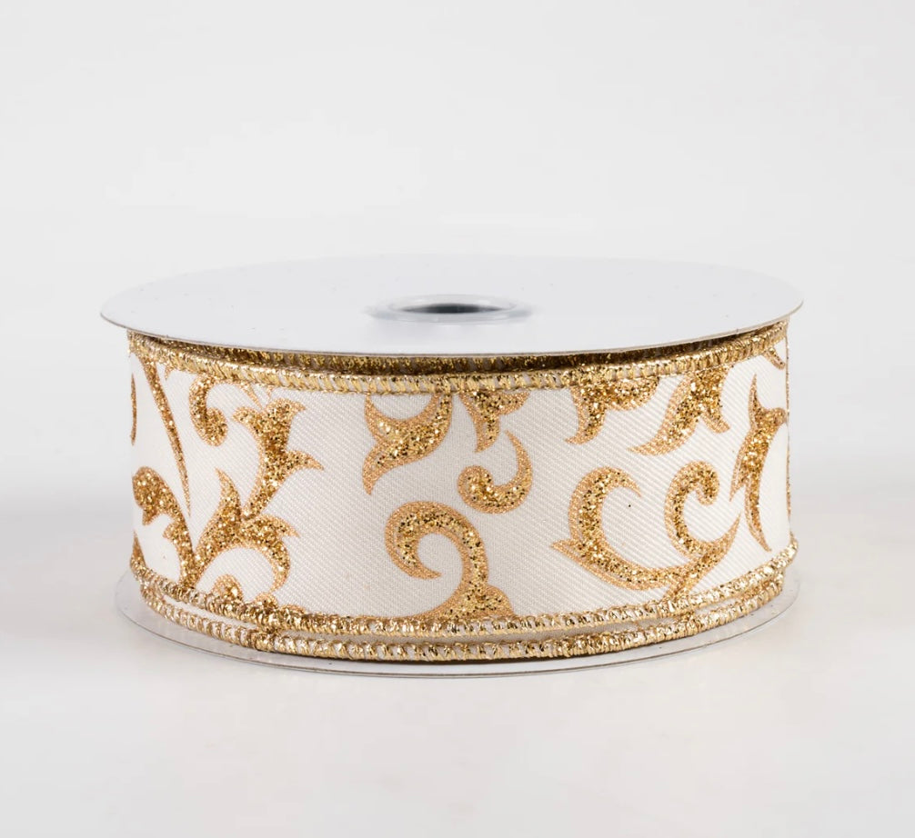 1.5” wired ribbon, acanthus leaf ivory/ gold, full roll 10 yards