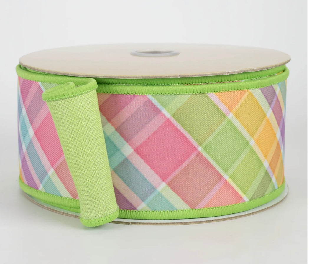 USA 2.5” D’Lux designer wired ribbon diagonal plaid green, full roll 10 yards