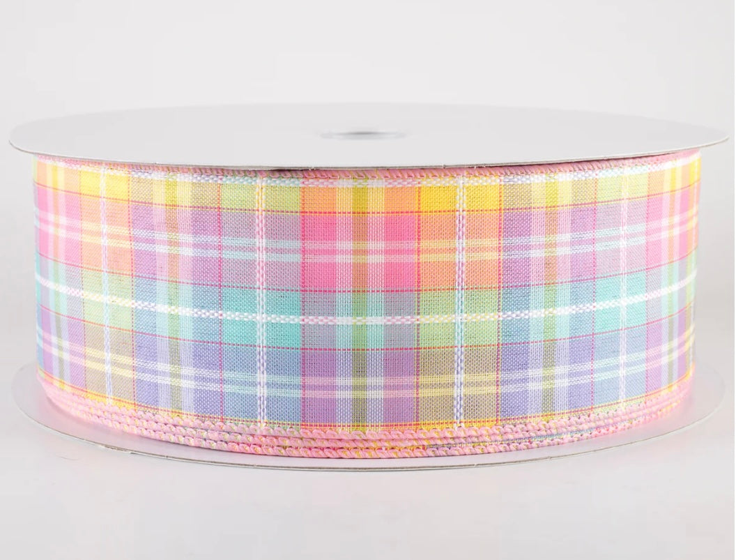 USA 2.5” wired ribbon Kennedy pastel plaid, sold by the meter