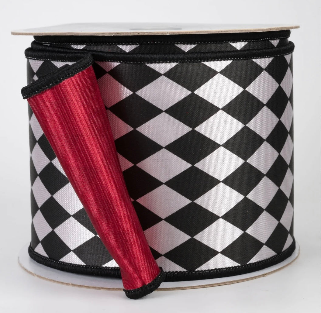 USA D’Lux 4” double sided fused harlequin black and white with satin red backing, full roll 10 yards