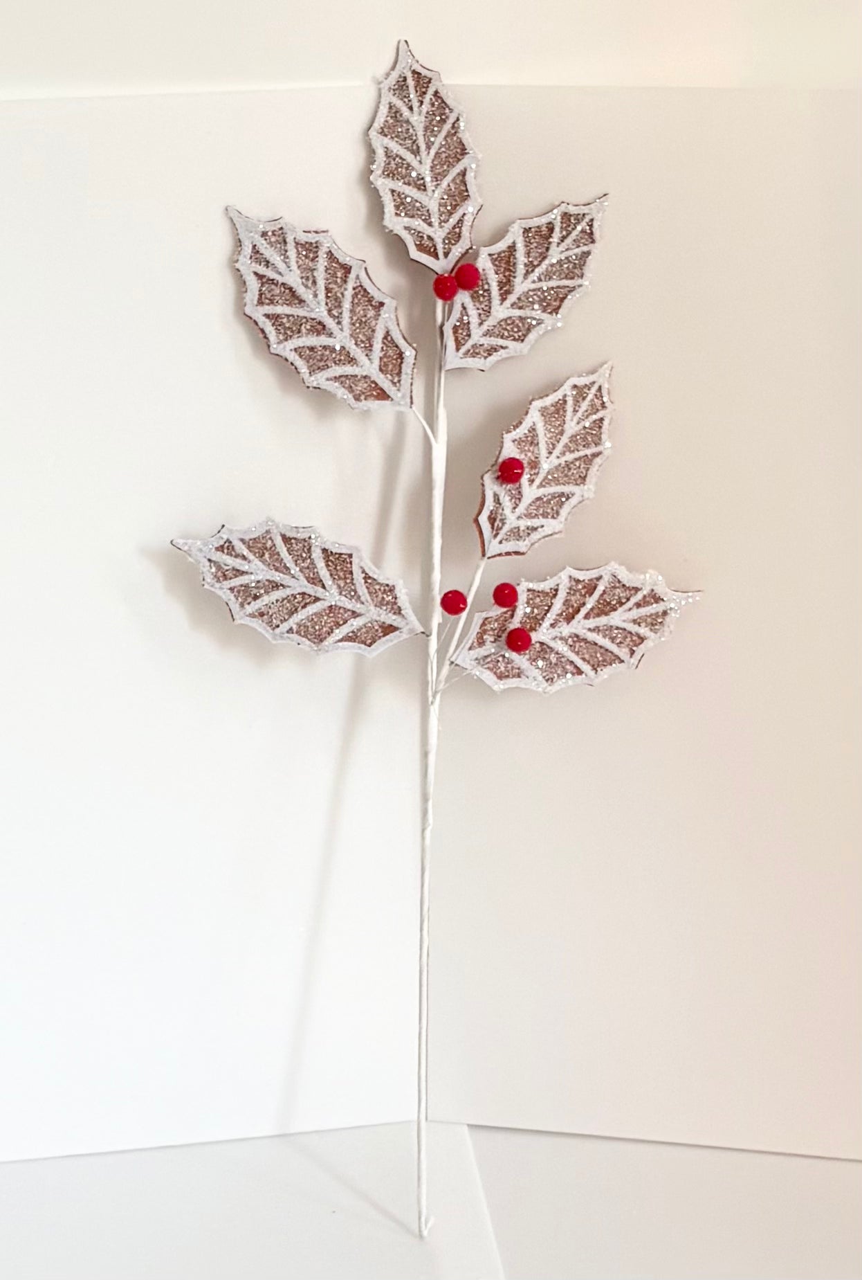 Thin glitter 6 leaf holly stem with red pompom berries