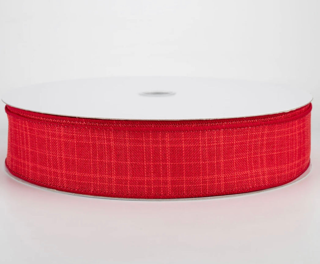 USA 1.5” red Estelle textured linen wired ribbon, sold by the meter