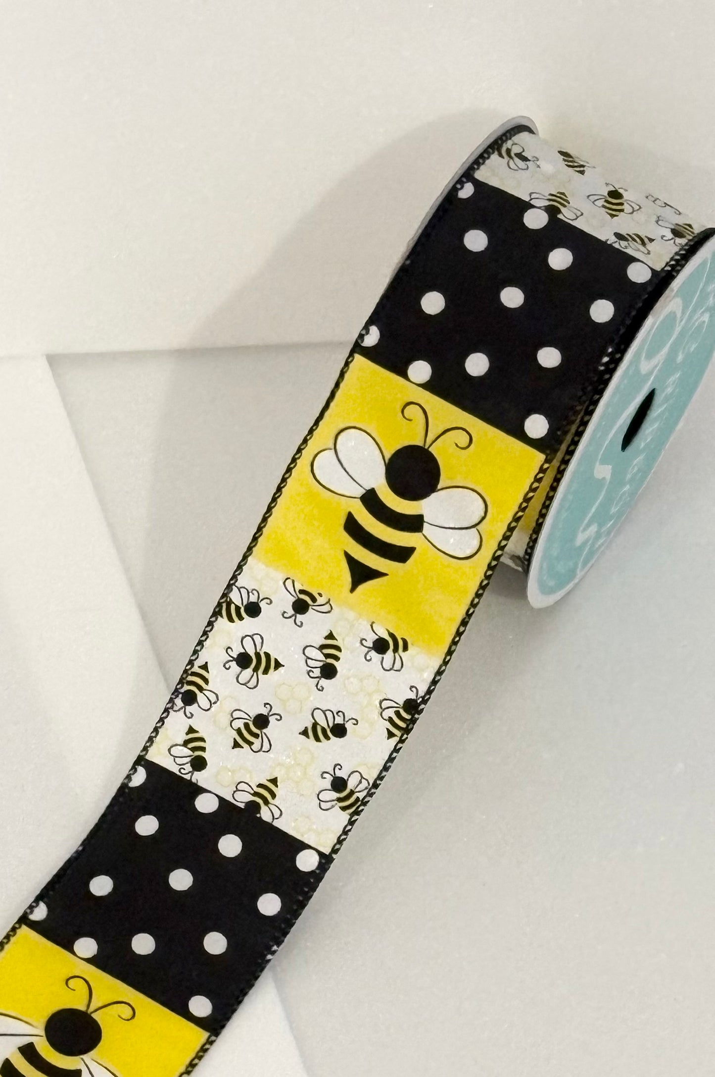 2.5” USA silk wired ribbon, yellow and black bee ribbon