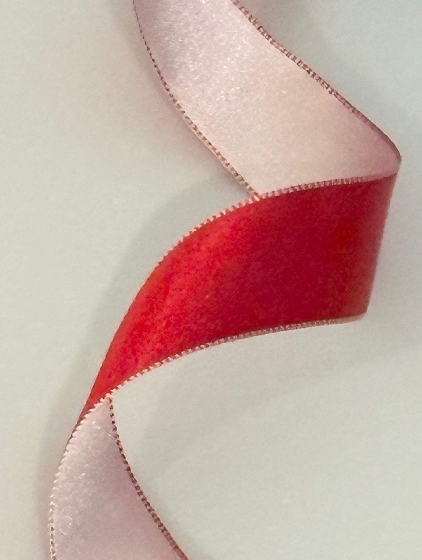 1.5” wired ribbon, satin double sided, red/pink sold by the meter