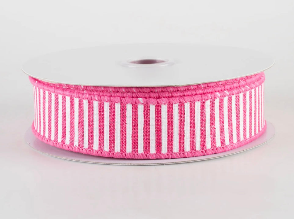 USA 7/8” horizontal thin strips, hot pink and white, wired ribbon, full roll 10yards