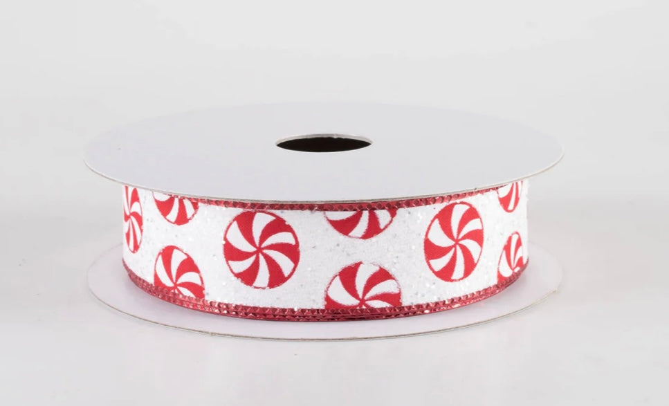 USA 7/8” glitter peppermint no wire ribbon, red/white full roll 10 yards
