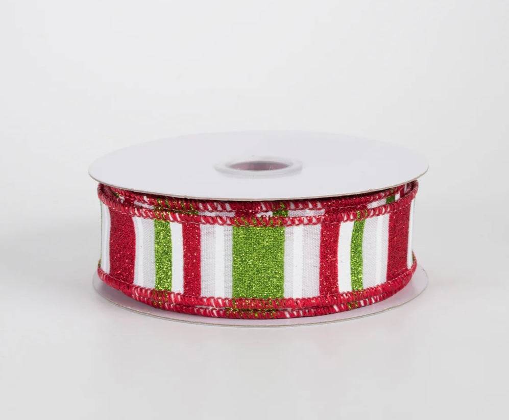 USA 7/8” multi glitter stripes, red green white, full roll 10 yards