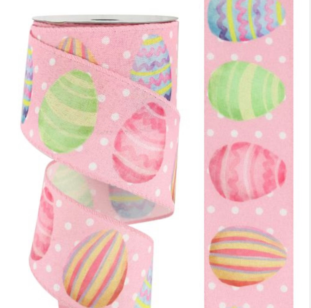 2.5” wired ribbon pink with colour eggs full roll 10 meters Easter