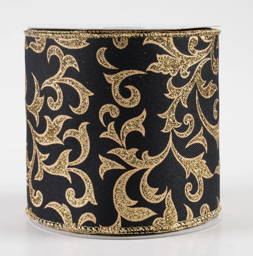 4” wired ribbon, acanthus leaf black and gold, full roll 10 yards