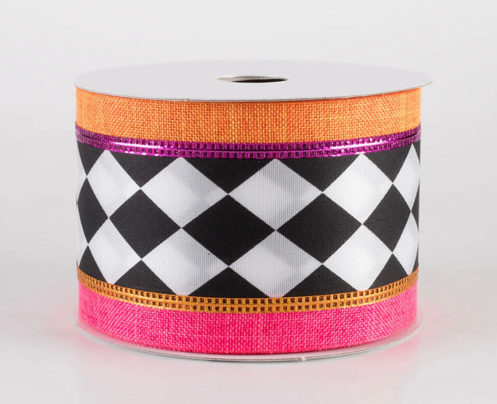 USA 2.5” harlequin pink and orange wired ribbon full roll 10 yards