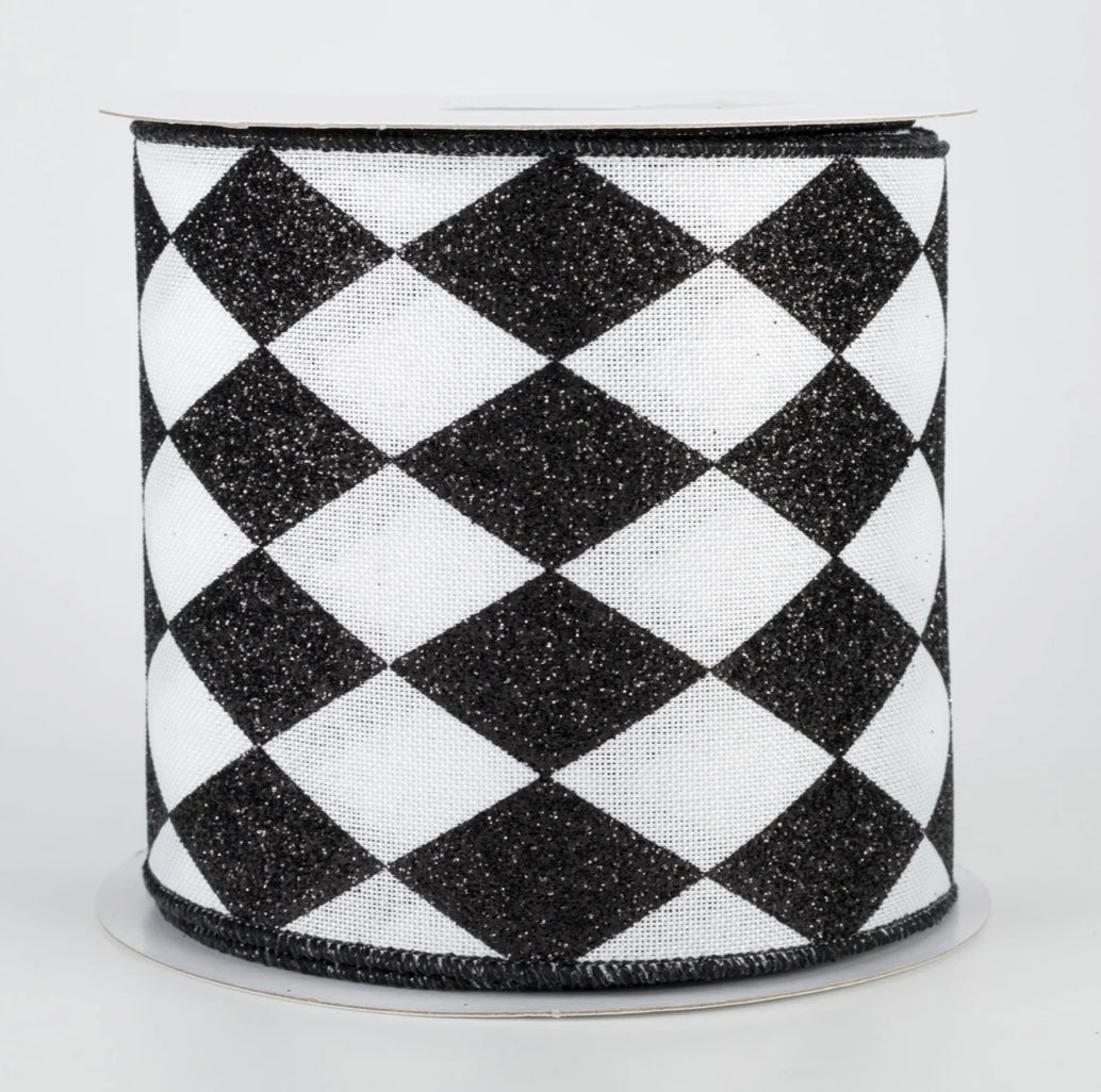 USA 4” harlequin glitter, black and white, full roll 10 yards