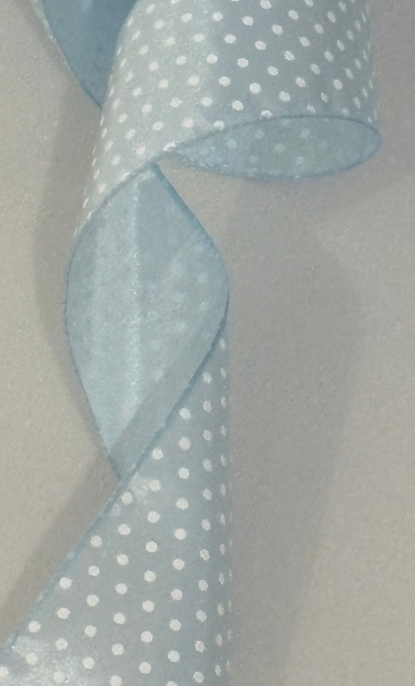 2.5” wired ribbon, baby blue with white dots, satin, sold by the meter