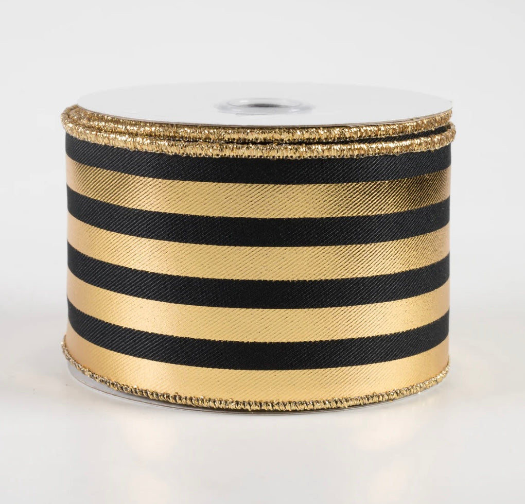 2.5” metallic vertical stripes, gold and black wired ribbon, full roll 10 yards