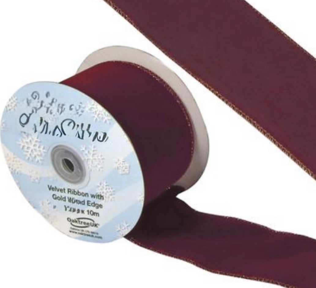 2.5” burgundy economy velvet wired ribbon 10 meters