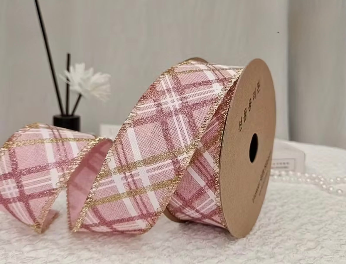 1.5” inch wired ribbon, pink and gold diagonal design