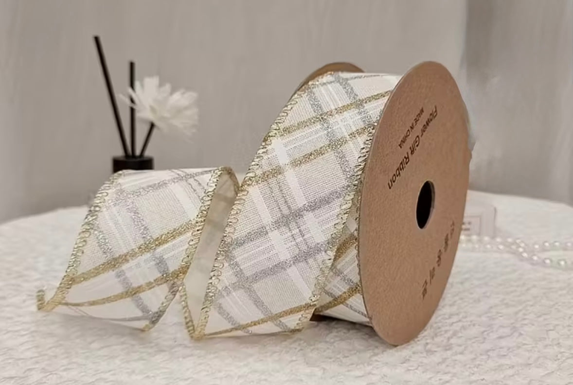1.5” inch wired ribbon, cream silver and gold diagonal design 5 yards
