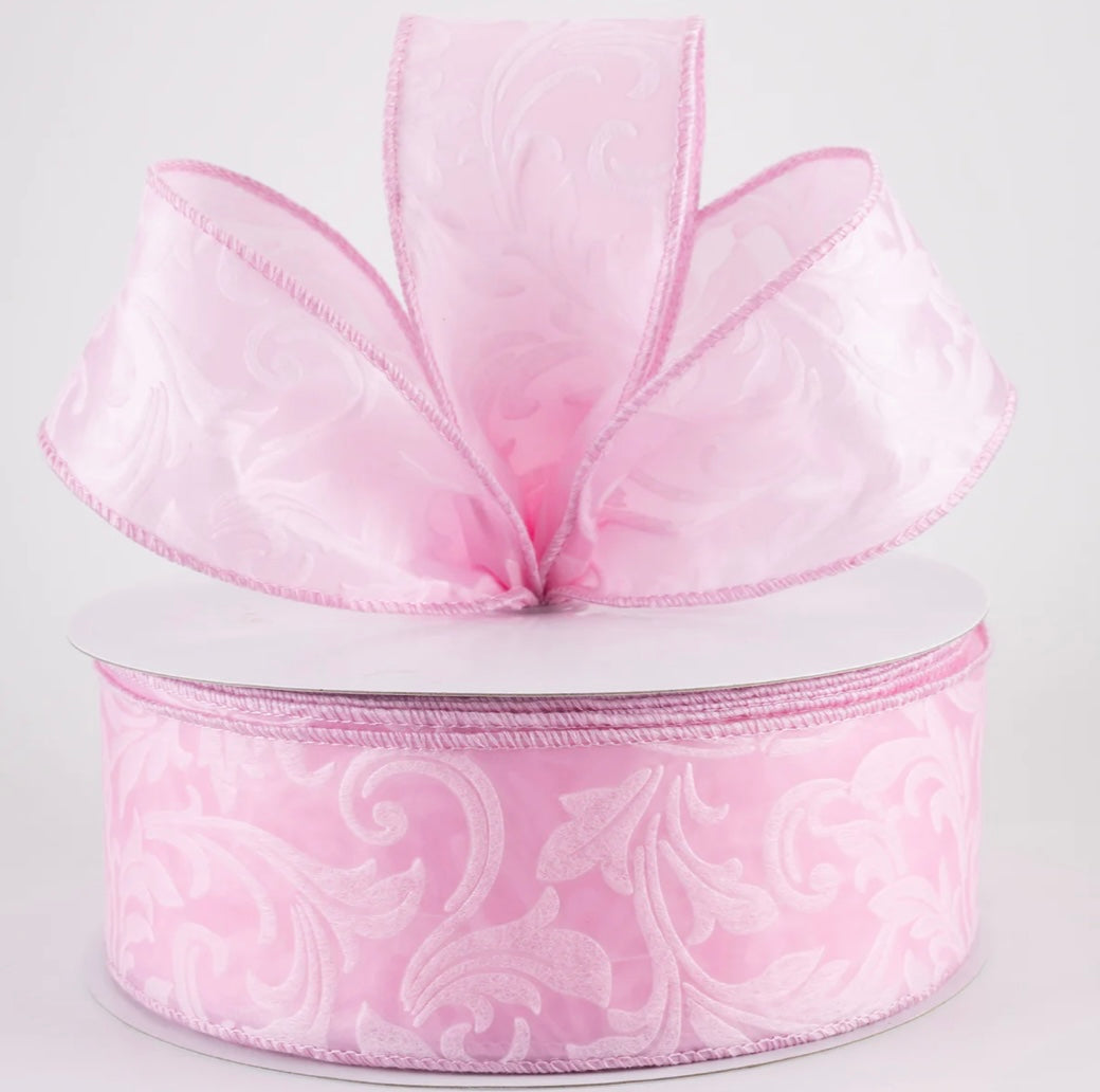 USA 2.5” wired ribbon, embossed leaf filigree breeze in light pink, sold by the meter