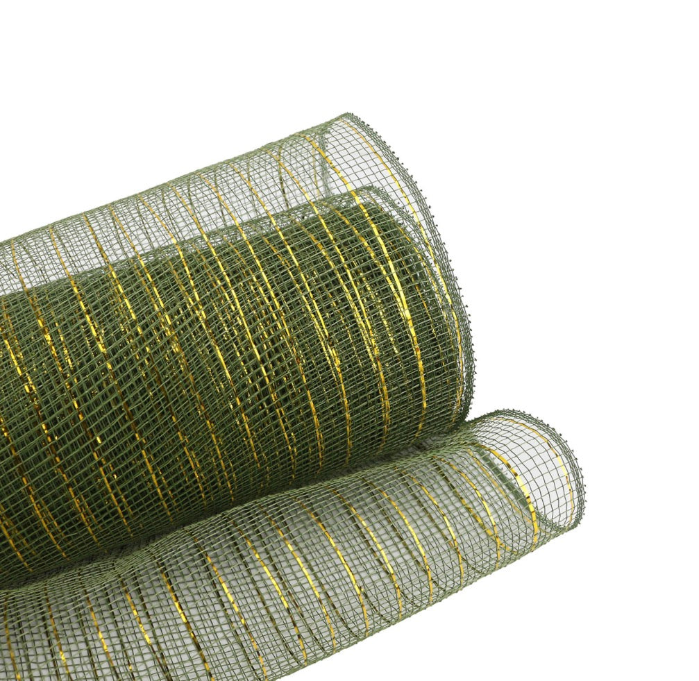 Mesh metallic sage green with gold, 25cm x 10 yards