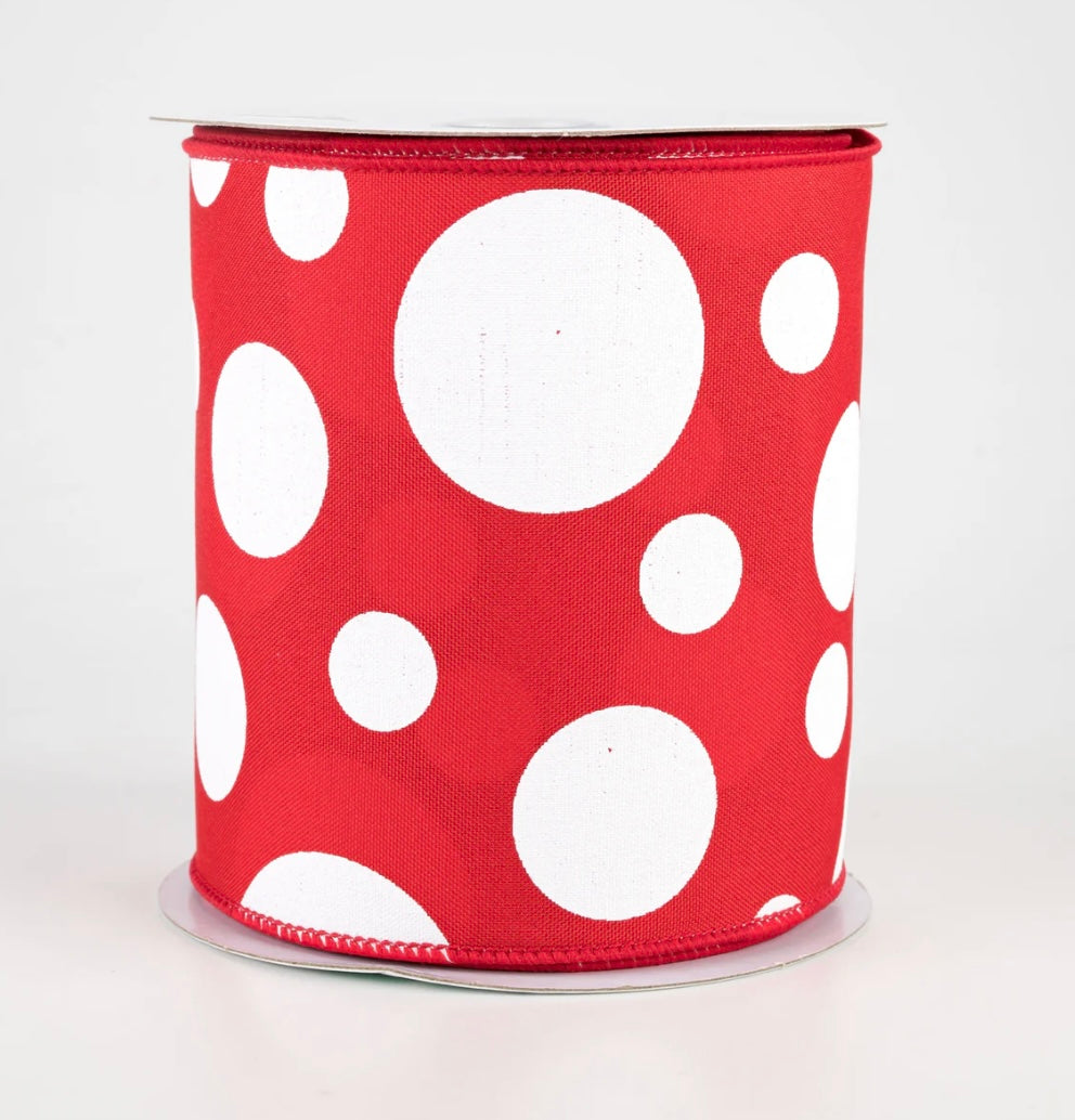 4” wired ribbon, three size dots, red and white, full roll 10 yards