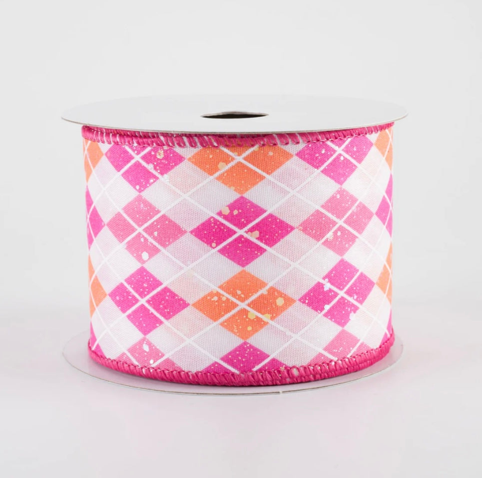 USA 2.5” pink and orange diamonds wired ribbon, full roll 10 yards