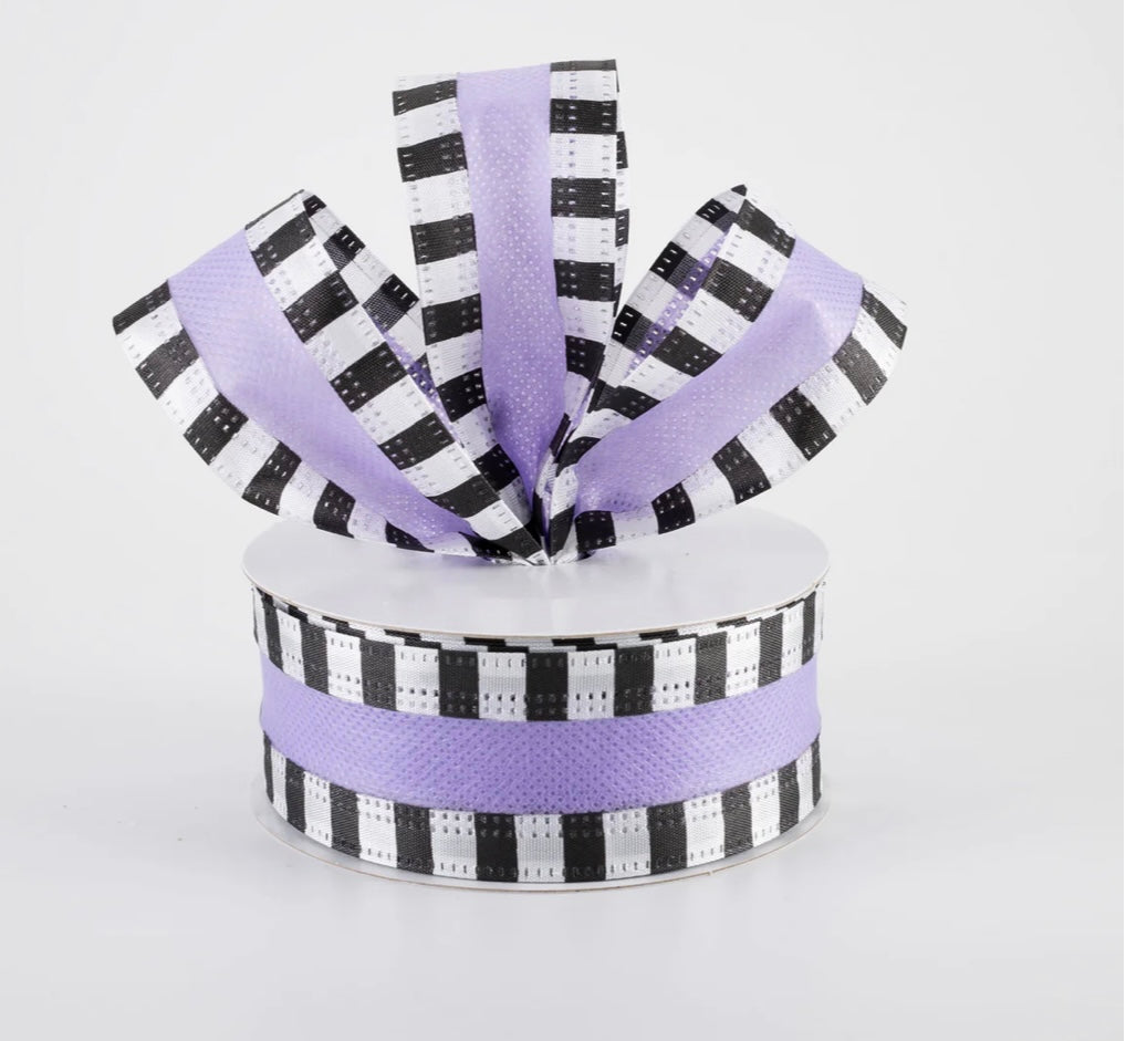 USA 1.5” striped edge breeze ribbon, lilac black and white full roll 10 yards