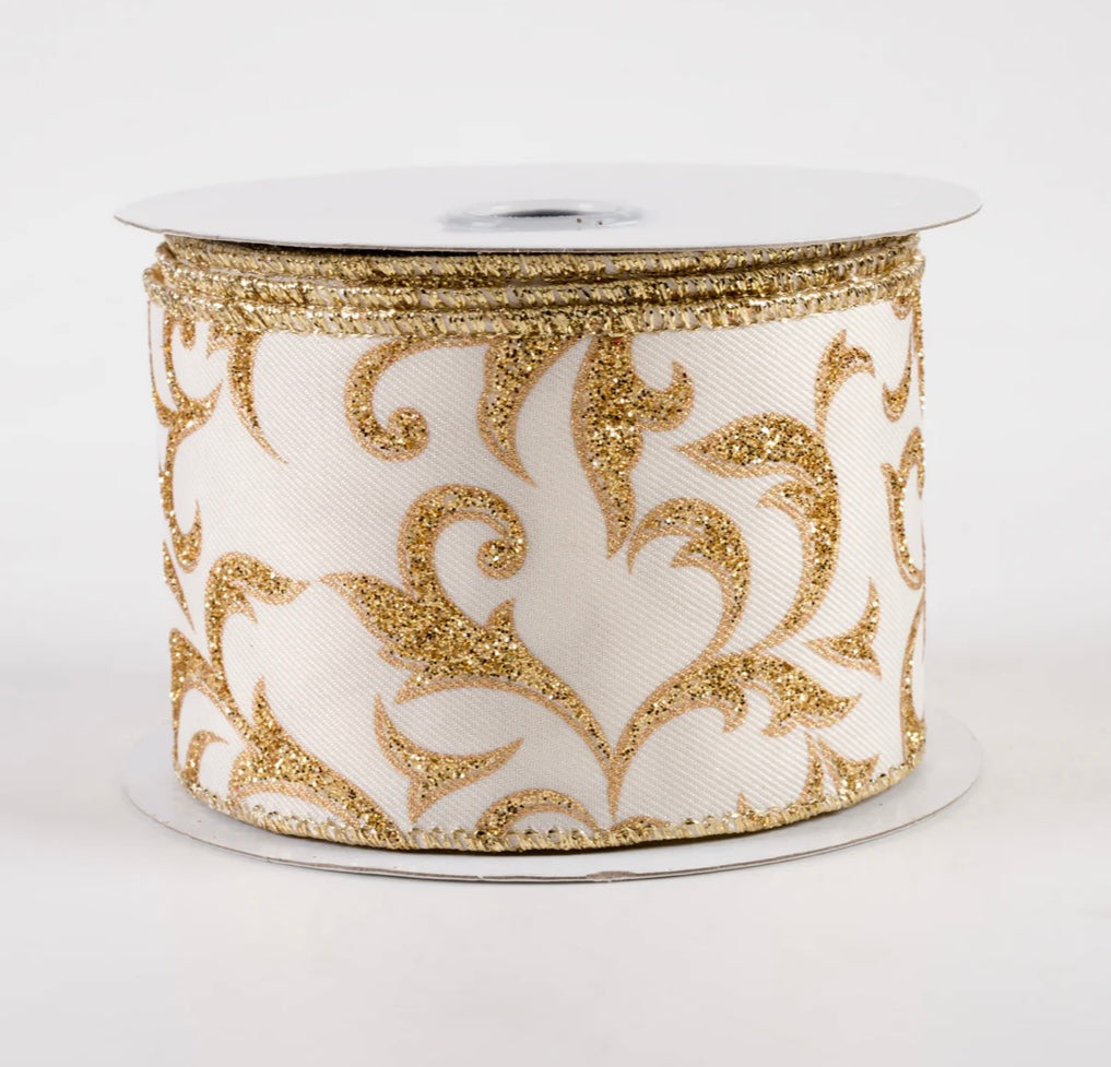 2.5” wired ribbon, acanthus leaf, ivory / gold, full roll 10 yards