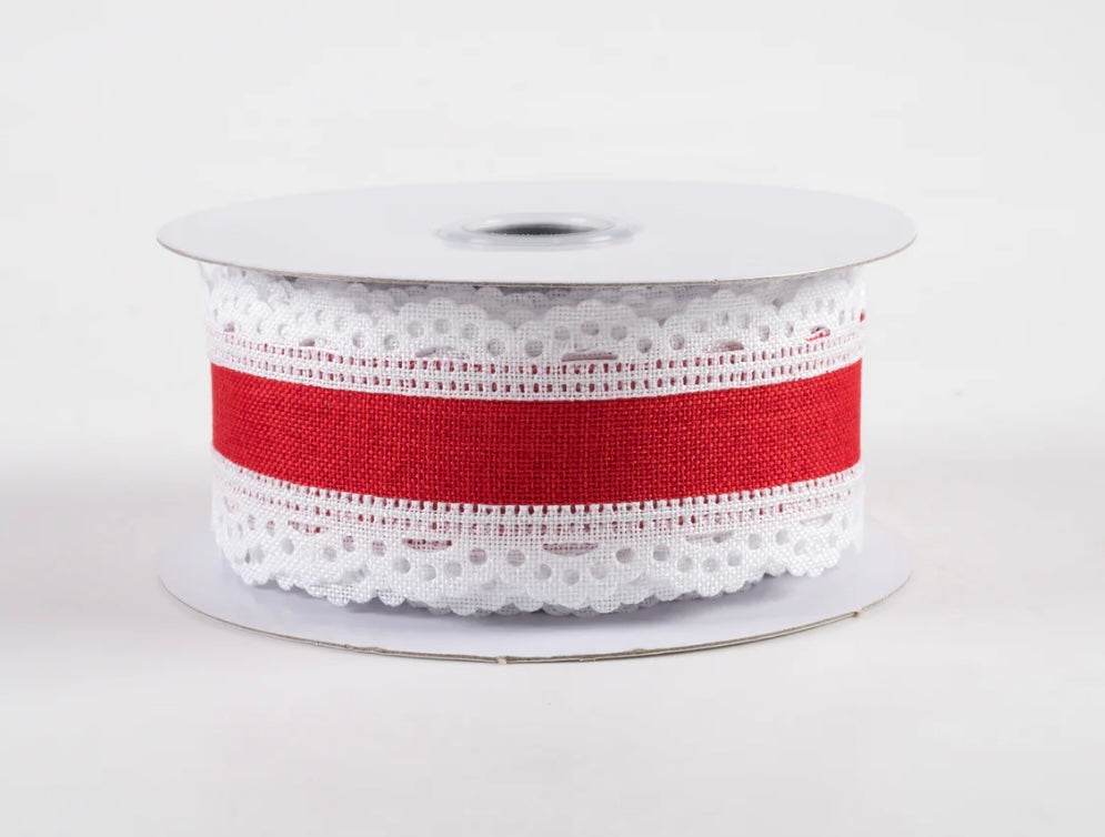 1.5” scalloped edge, wired ribbon red and white, full roll 10 yards