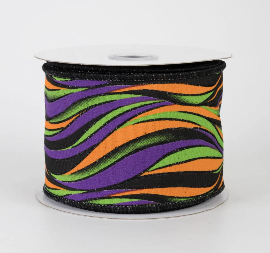 USA 2.5” Halloween glittered wavy stripes, orange, purple, black and green