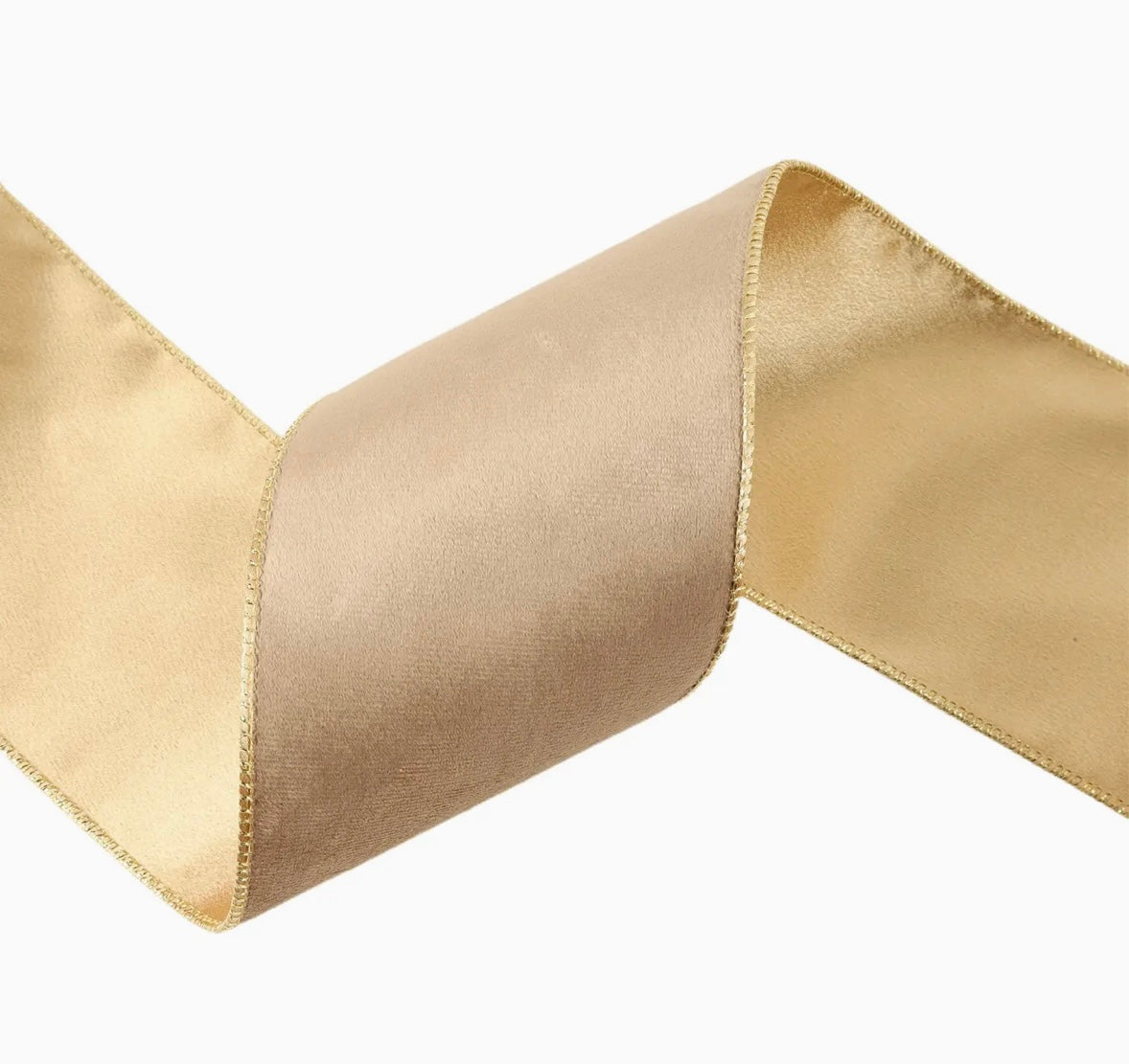 USA 4” designer wired ribbon, reversible classic velvet ribbon in latte/gold full roll 10 yards