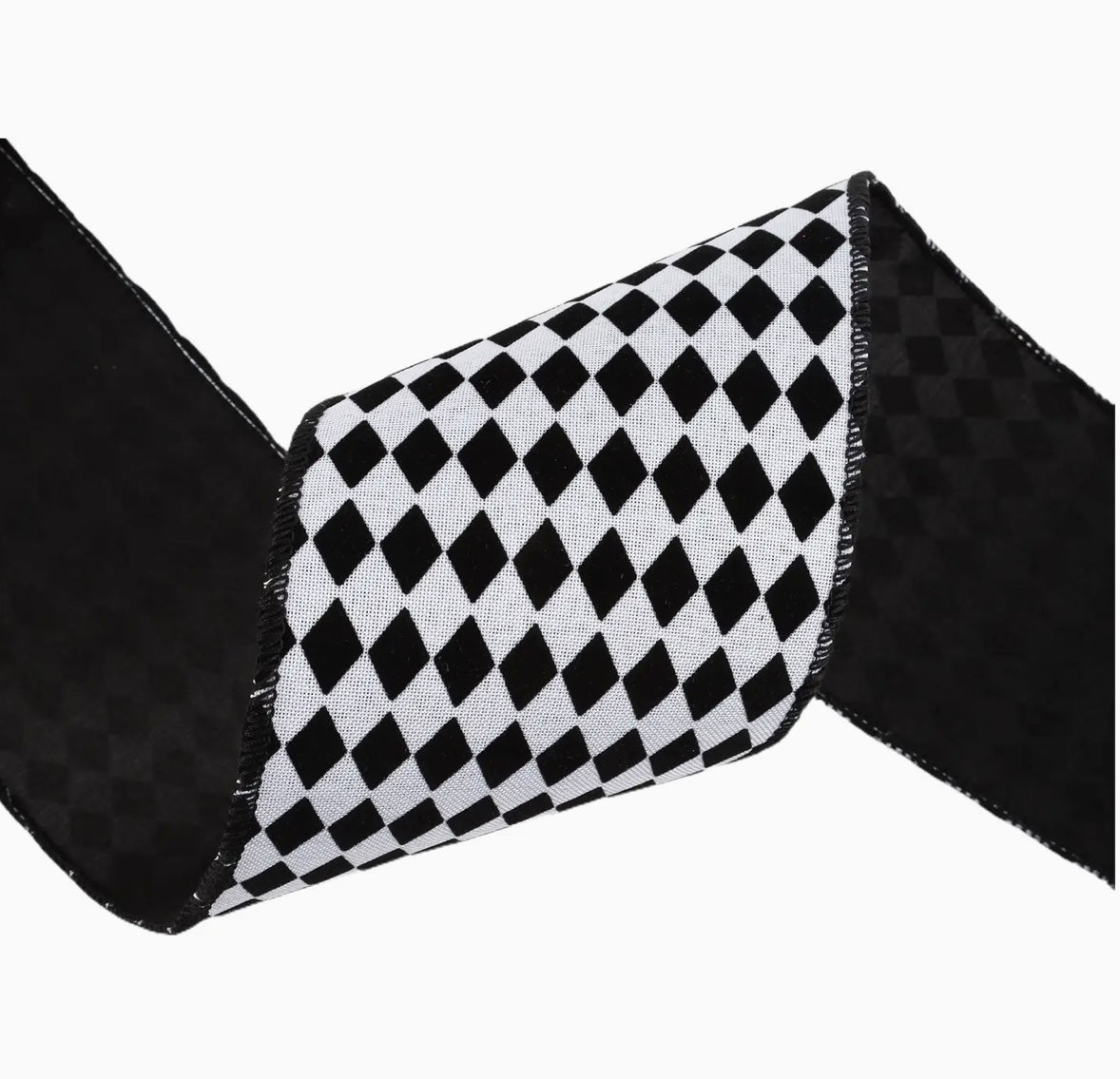 USA 4” designer double sided wired ribbon, black and white harlequin with black backing, full roll 10 yards