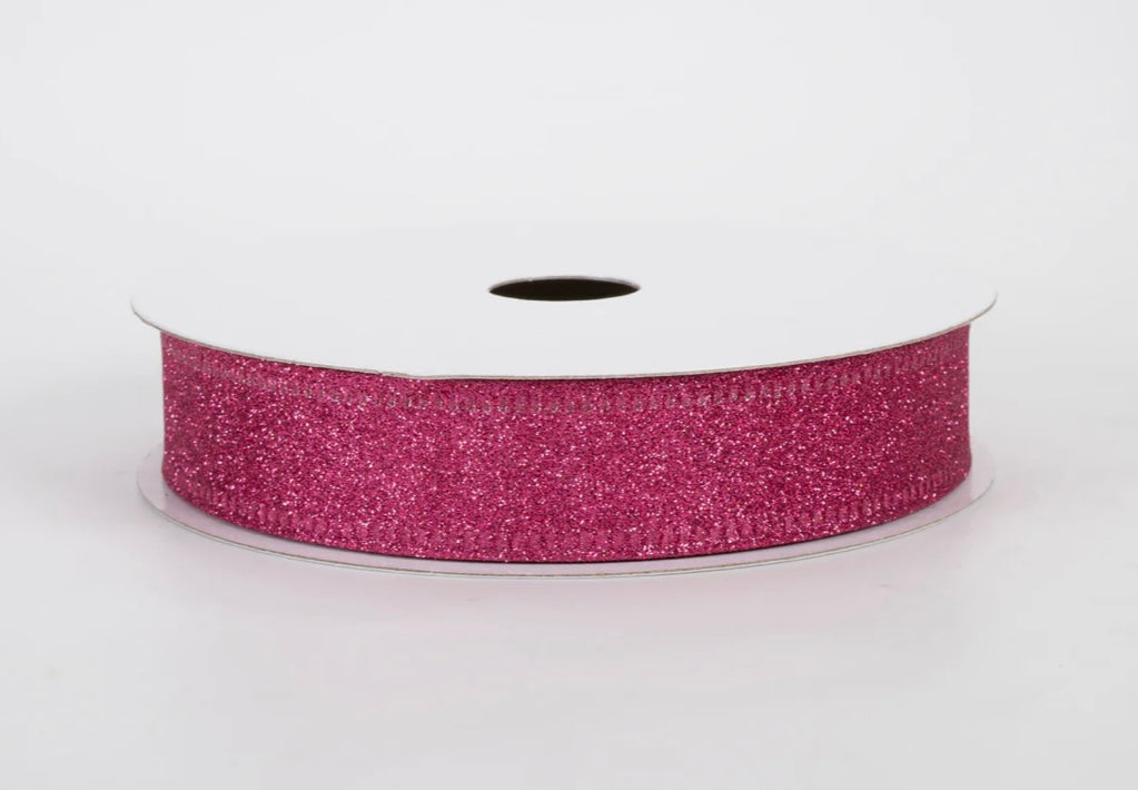USA 7/8” glitter wired ribbon in fuchsia, full roll 10 yards