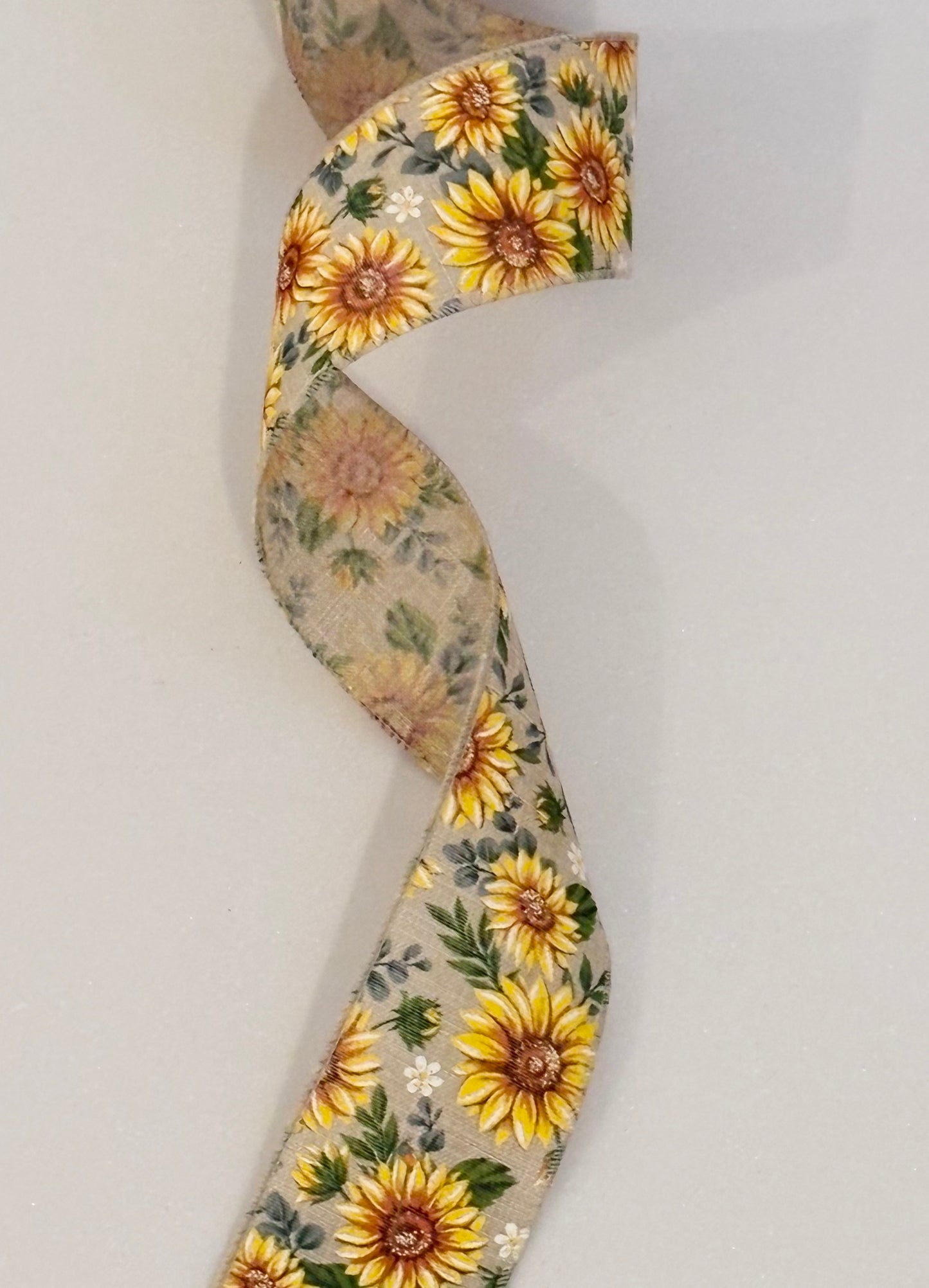 2.5” wired ribbon, burlap sunflower, sold by the meter