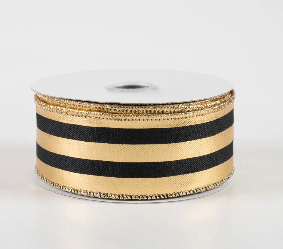 1.5” metallic vertical stripes black and gold, wired ribbon, full roll 10 yards